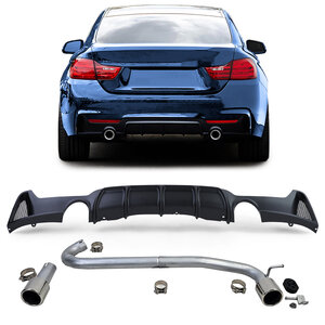 Passend Voor Bmw 4 serie F32 F33 F36 M Pakket Sportuitlaat 2 x Sierstuk + Mat Zwart Diffuser Chrome Tip M4 Look 