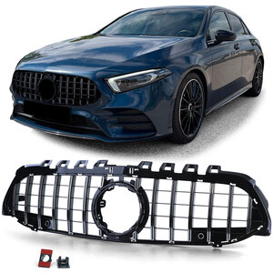 Grill Hoogglans Zwart Chrome Bies Passend Voor Mercedes A Klasse W177 Vanaf 2018 Zonder Camera Panamericana AMG GT Look